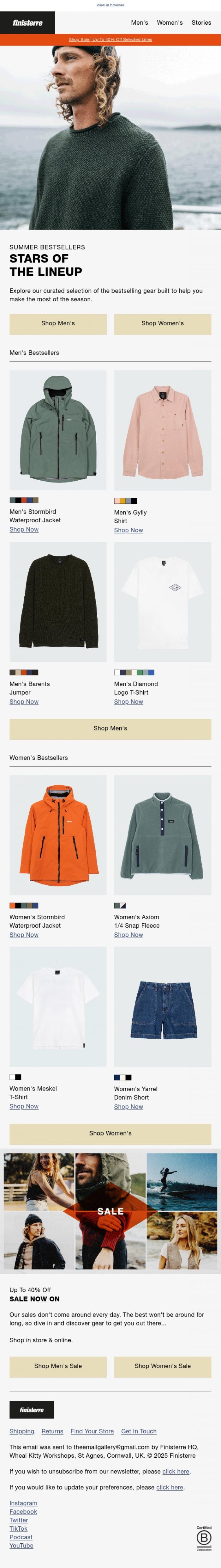 Email Design Inspiration from Finisterre, Summer Bestsellers Moving Fast