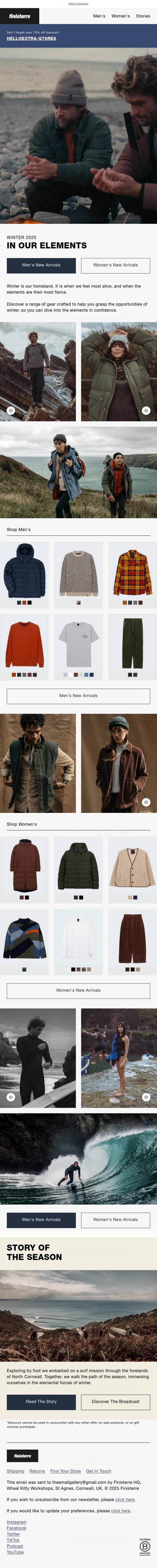 Email Design Inspiration from Finisterre, New Arrivals: Winter 2025