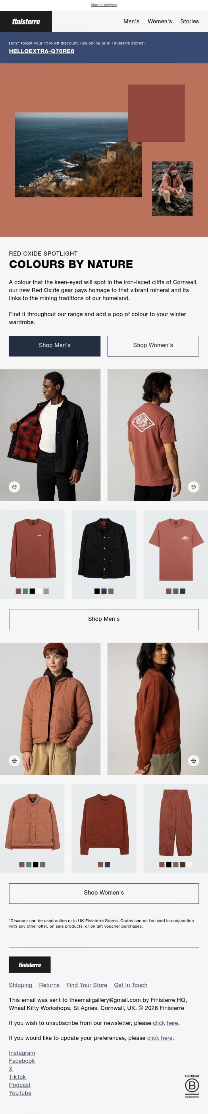 Email Design Inspiration from Finisterre, NEW Red Oxide Colour Story