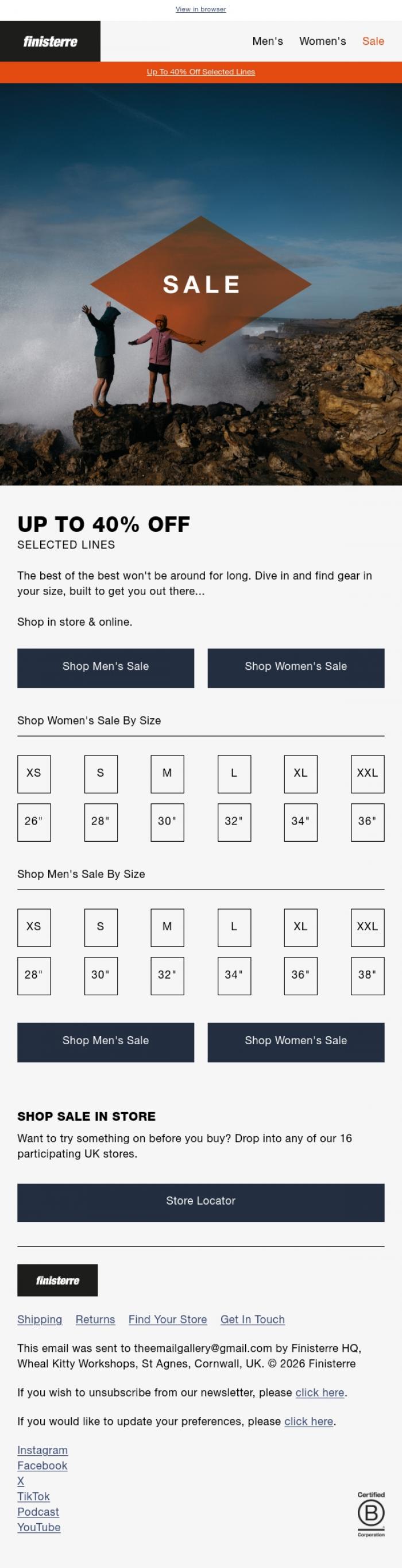 Email Design Inspiration from Finisterre, SALE | Shop In Your Size
