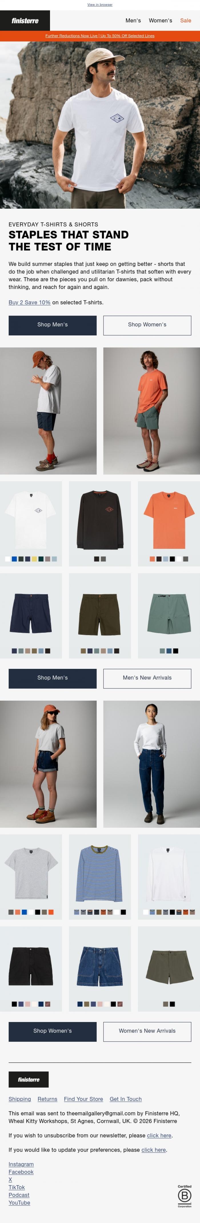 Email Design Inspiration from Finisterre, Bestselling T-shirts & Shorts to beat the heat