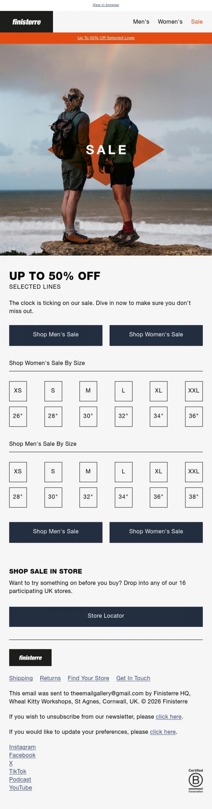 Email Design Inspiration from Finisterre, SALE Continues | Now Up To 50% Off Selected Lines