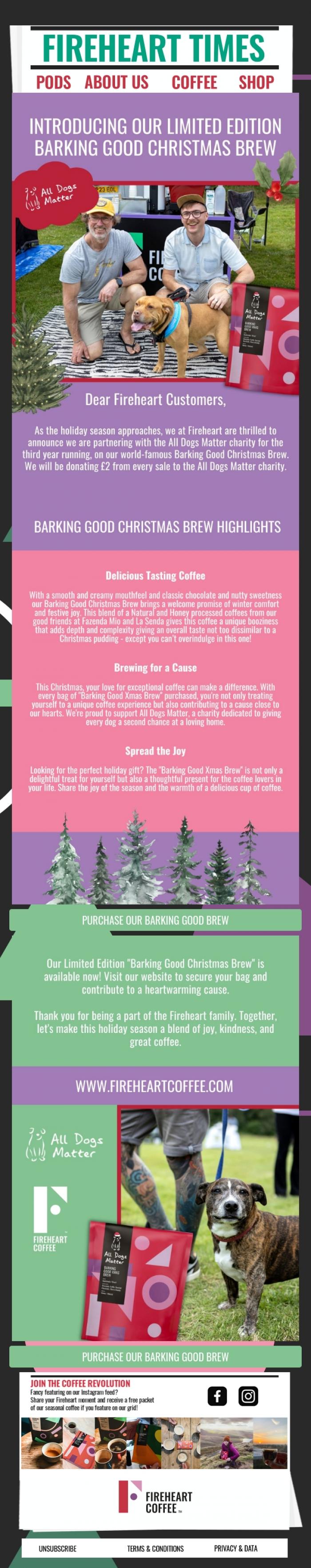Email Design Inspiration from Fireheart Coffee, Sip the season with our "Barking Good Xmas Brew" and support All Dogs Matter! 🐶🎄