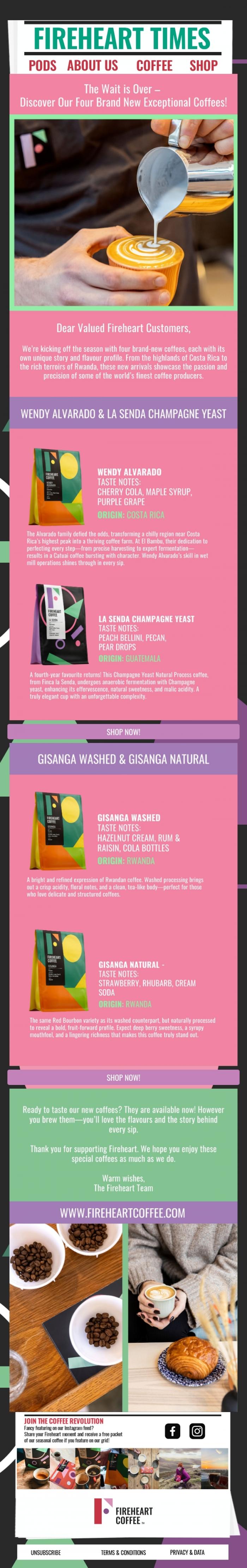 Email Design Inspiration from Fireheart Coffee, Introducing our brand new coffees: Wendy Alvarado, La Senda & Gisanga
