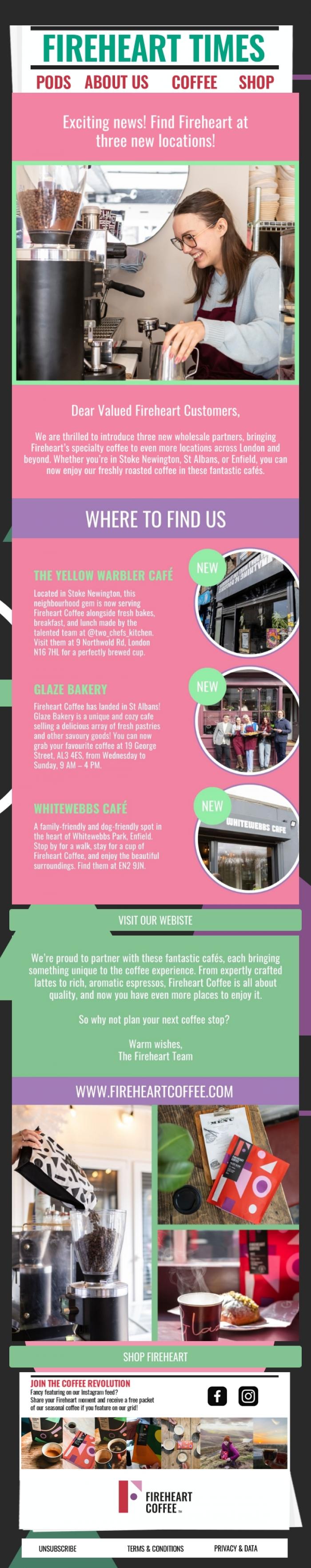 Email Design Inspiration from Fireheart Coffee, Exciting news! Find Fireheart at Three New Locations! ☕