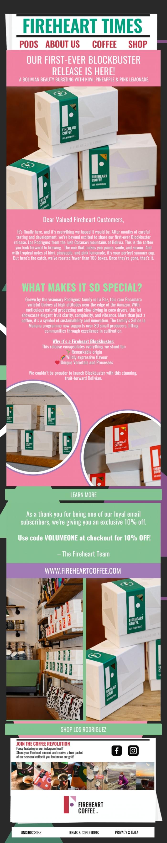 Email Design Inspiration from Fireheart Coffee, Our first-ever Blockbuster release is here! 🌟