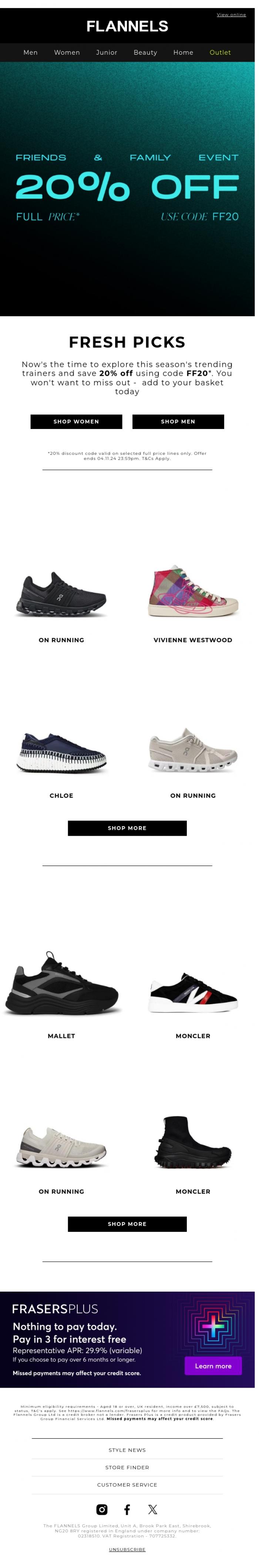 Email Design Inspiration from FLANNELS, Trainers | 20% off full price