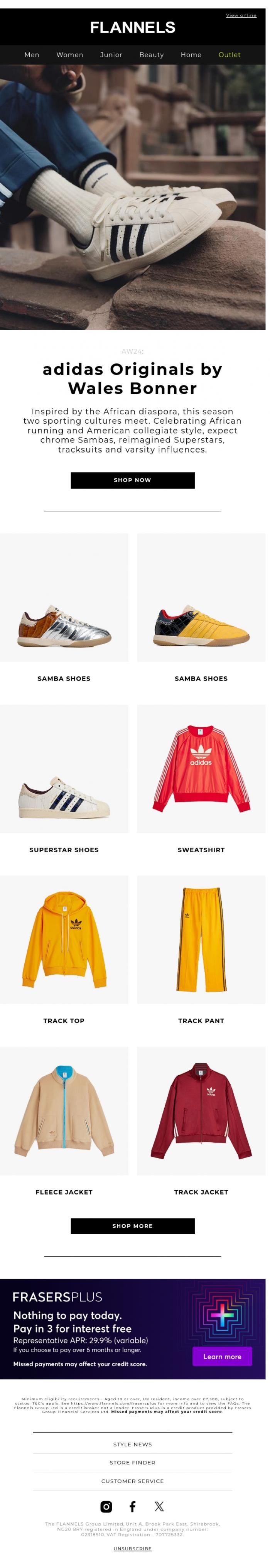 Email Design Inspiration from FLANNELS, NEW: adidas Originals by Wales Bonner