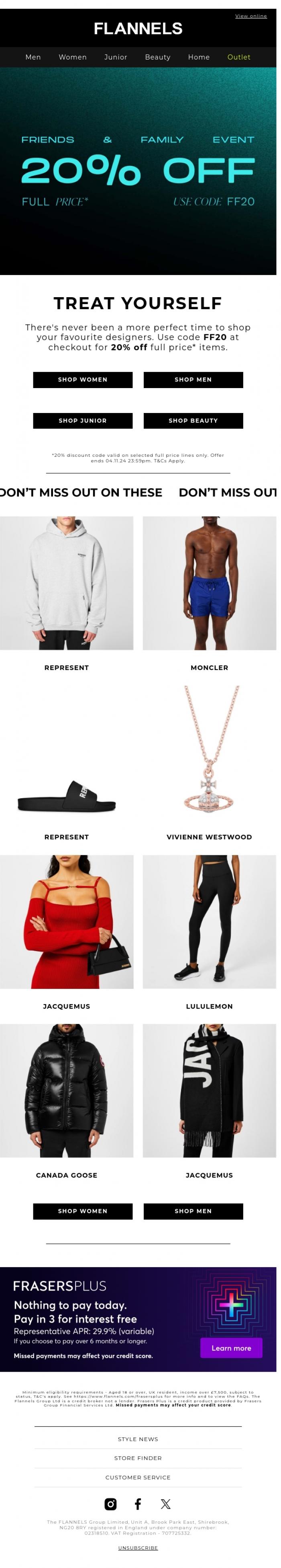 Email Design Inspiration from FLANNELS, 20% off must-haves