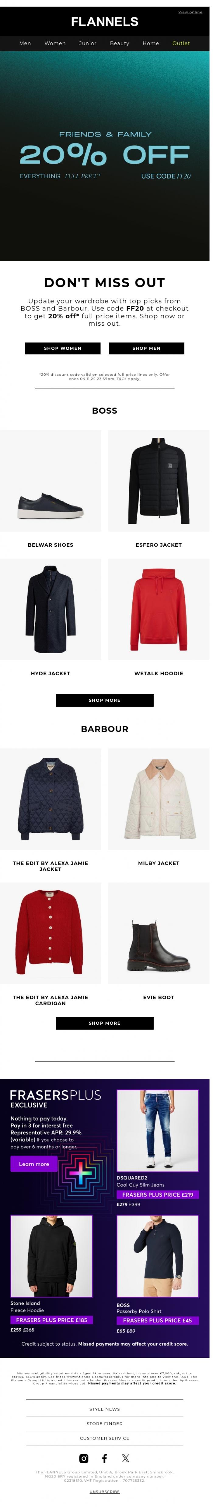 Email Design Inspiration from FLANNELS, 20% off BOSS and Barbour