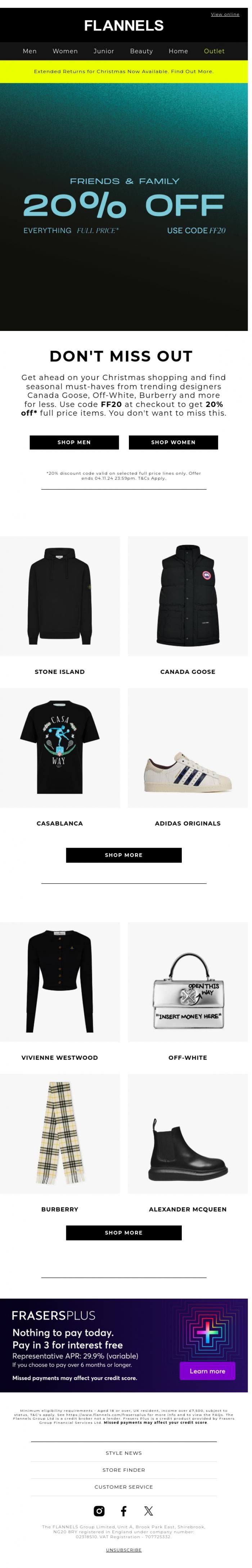 Email Design Inspiration from FLANNELS, 20% off trending staples