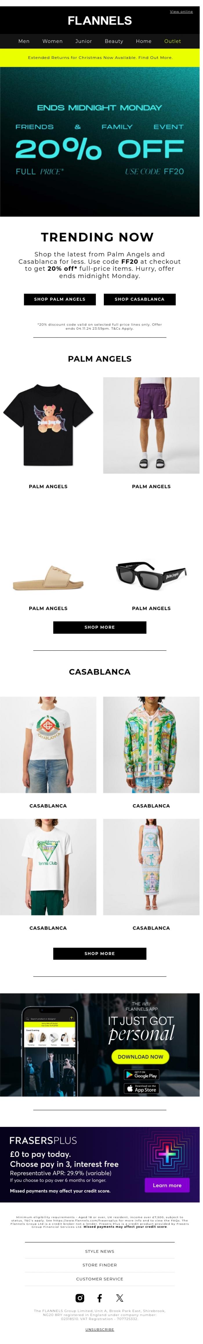 Email Design Inspiration from FLANNELS, DON'T MISS | 20% off Palm Angels and Casablanca