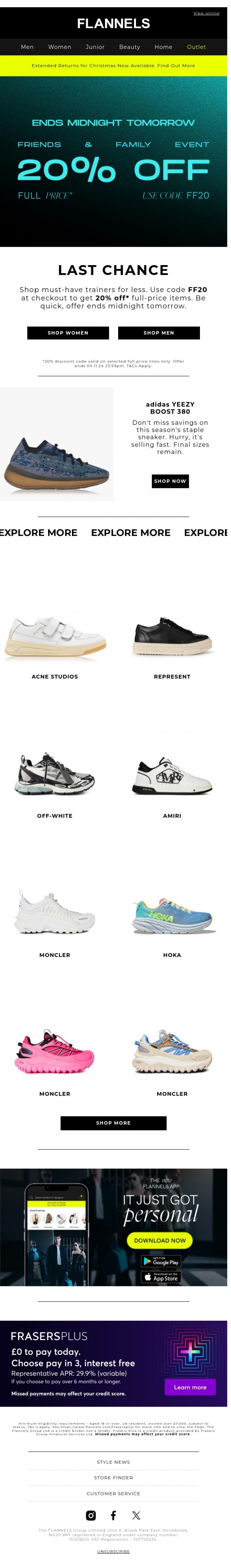 Email Design Inspiration from FLANNELS, 20% off trainers | Ends Tomorrow
