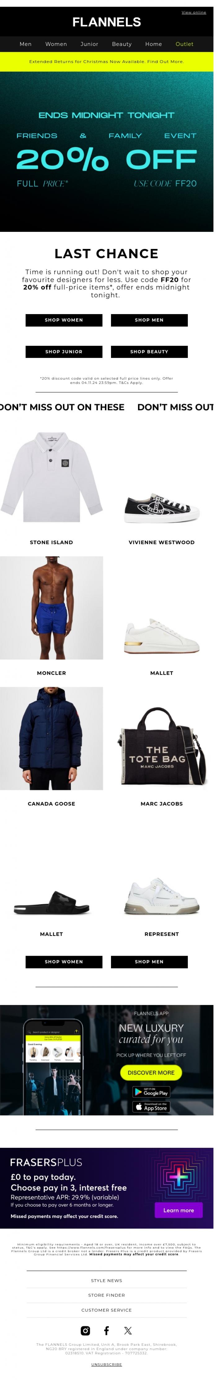 Email Design Inspiration from FLANNELS, Ends Midnight Tonight: 20% off