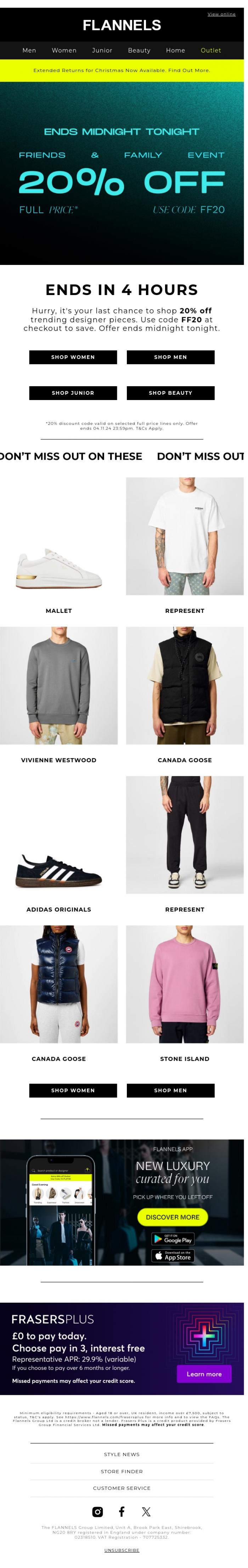 Email Design Inspiration from FLANNELS, FINAL CALL | 20% off