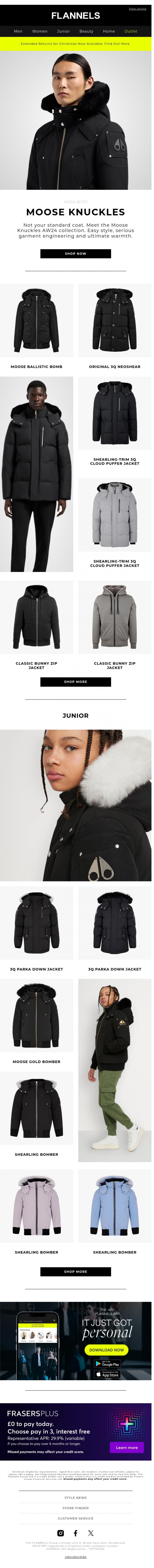 Email Design Inspiration from FLANNELS, Just Landed: Moose Knuckles AW24