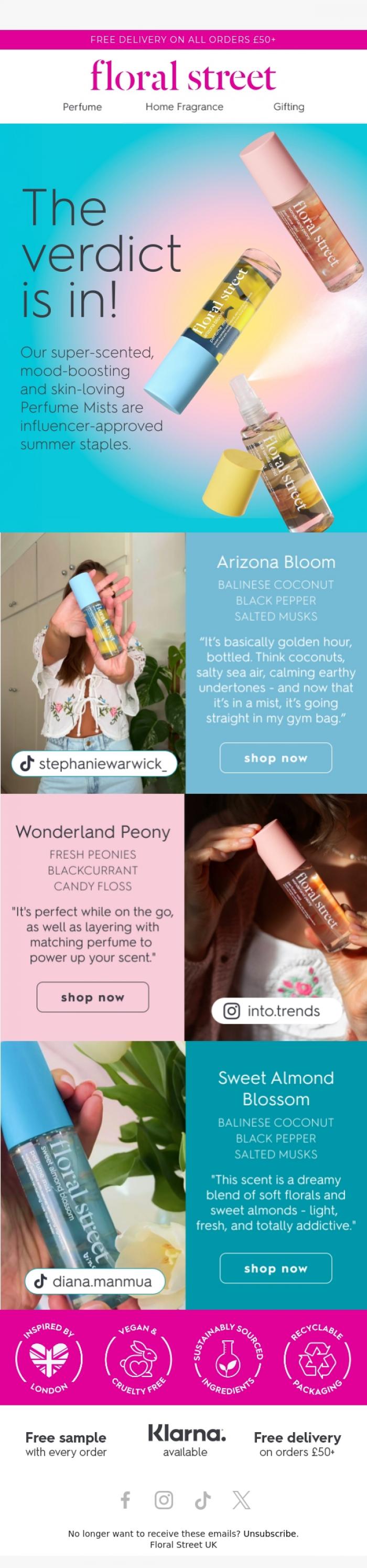 Email Design Inspiration from Floral Street, Influencer-approved Perfume Mists
