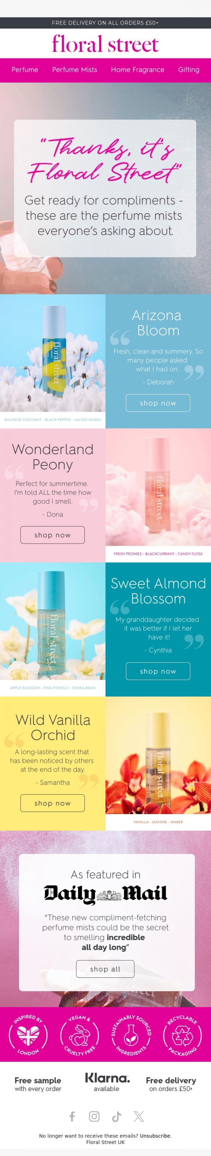 Email Design Inspiration from Floral Street, Perfume Mists everyone compliments