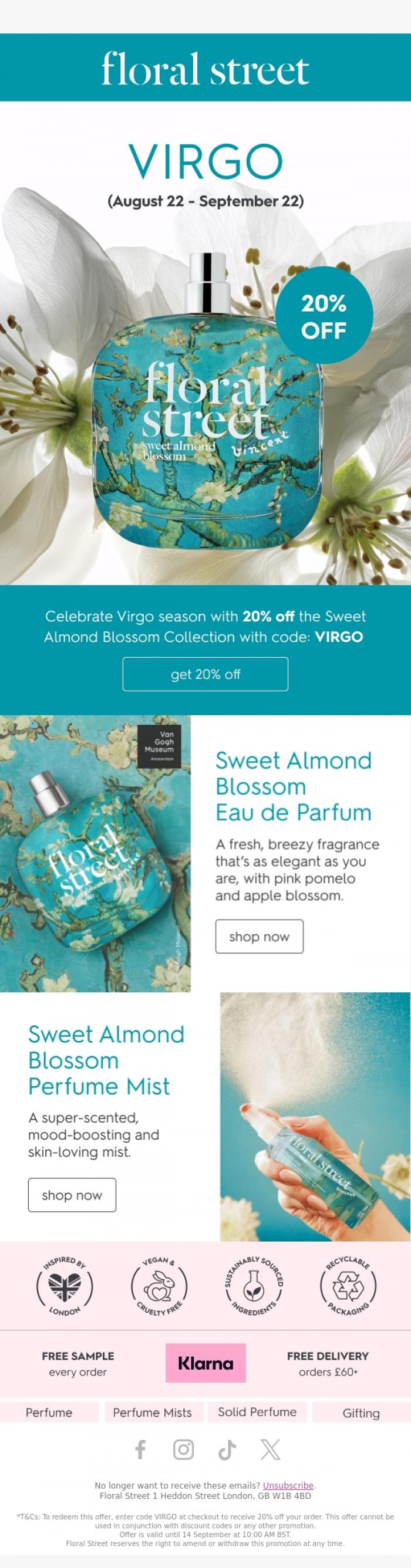 Email Design Inspiration from Floral Street, 20% off Sweet Almond Blossom 🩵