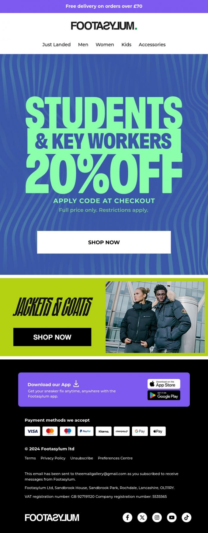 Email Design Inspiration from Footasylum, 💥 Get 20% off with your Blue Light Card or UNiDAYS 💥