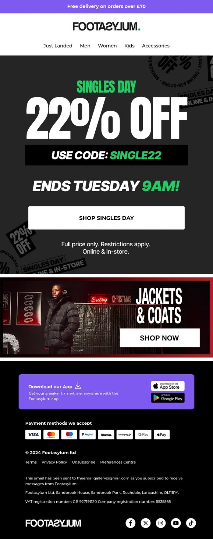 Email Design Inspiration from Footasylum, 🚨Singles Day!  22% off for a limited time only! 🚨