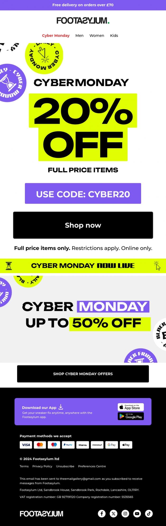 Email Design Inspiration from Footasylum, ⚠️CYBER MONDAY: 20% OFF FULL PRICE ITEMS! ⚠️