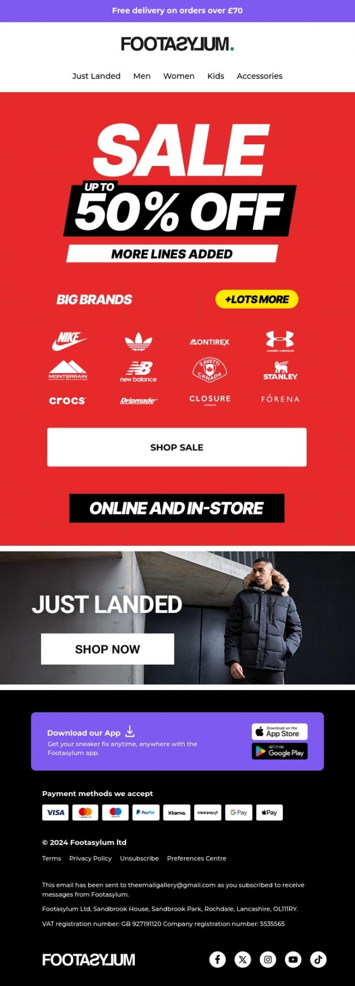 Email Design Inspiration from Footasylum, 🚨MORE lines have been added to our Sale 🚨