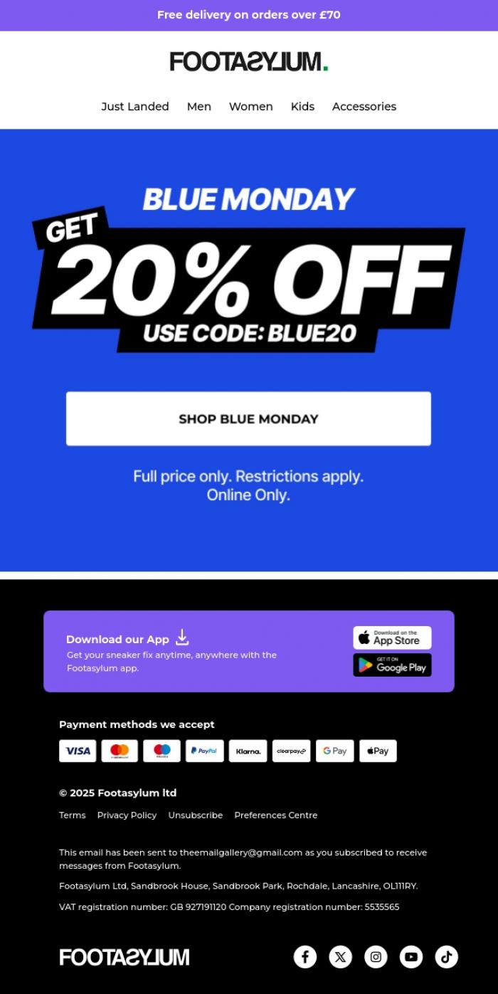 Email Design Inspiration from Footasylum, 20% off this BLUE MONDAY! 🟦