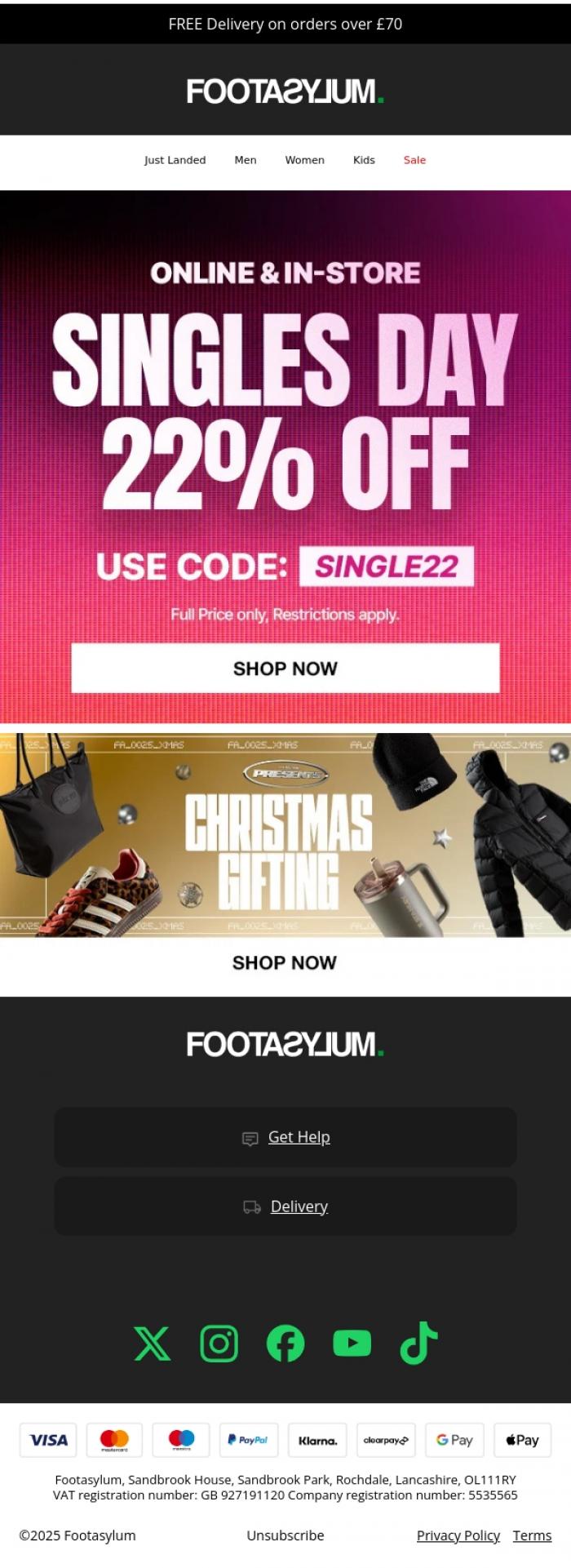 Email Design Inspiration from Footasylum, Biggest. Discount. Ever. 22% OFF!