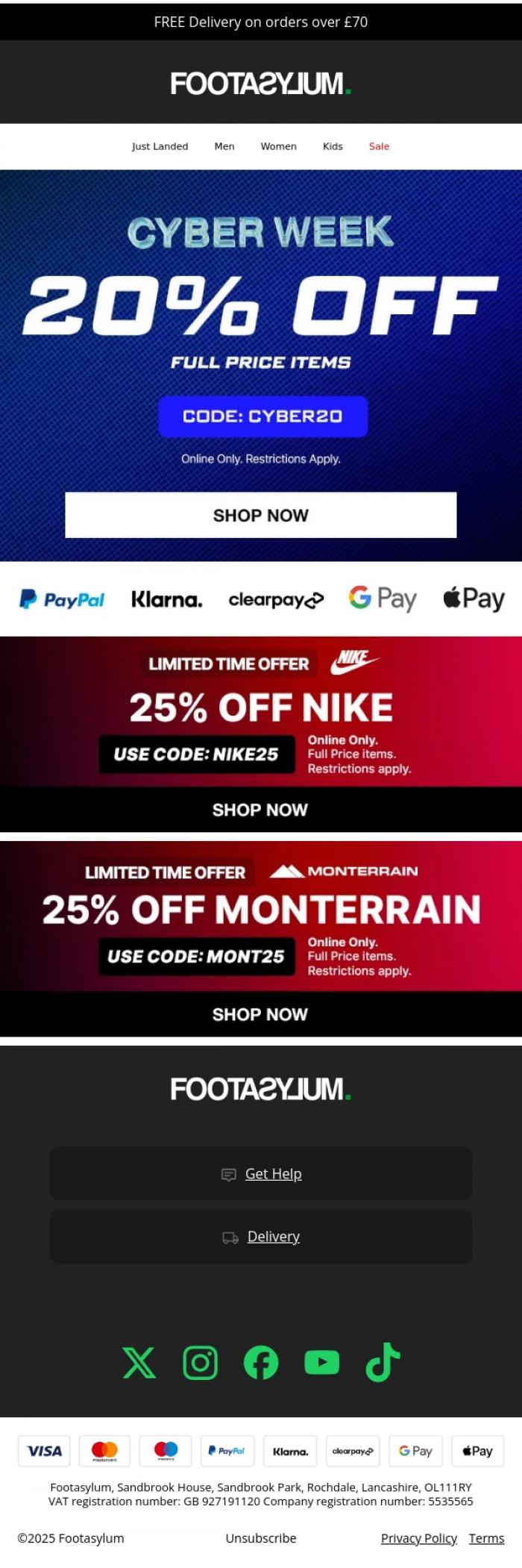 Email Design Inspiration from Footasylum, 💥Cyber Monday is here! Get 20% off for a LIMITED time!💥