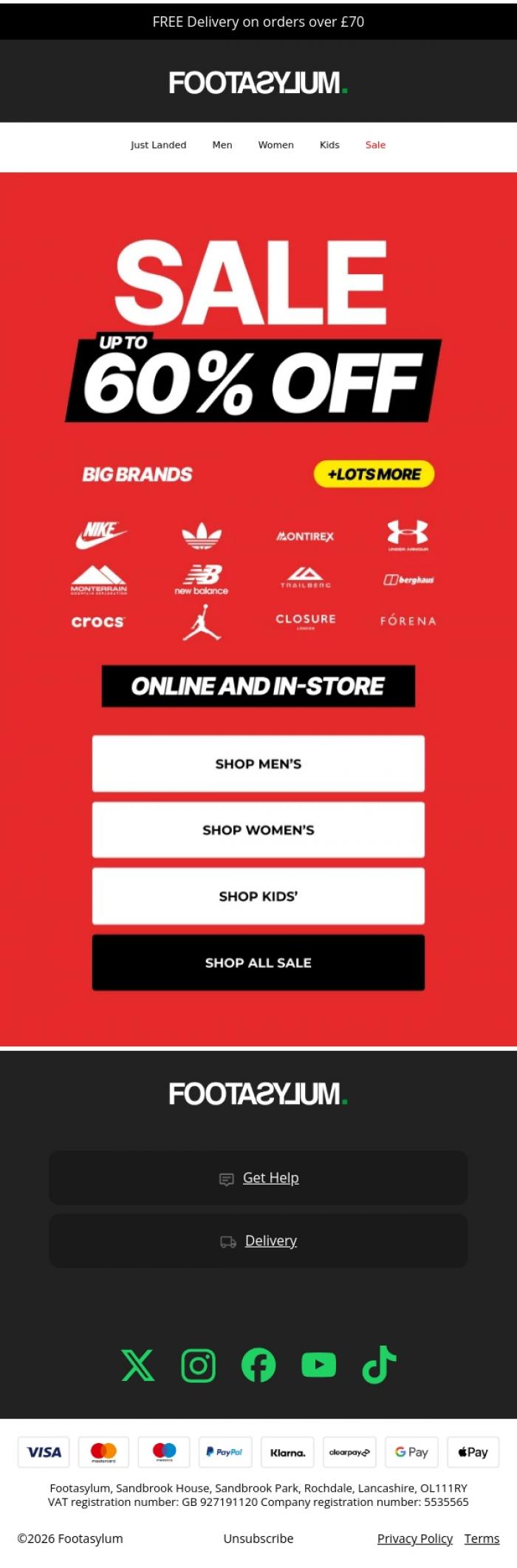 Email Design Inspiration from Footasylum, Summer Sale = Up to 60% off!