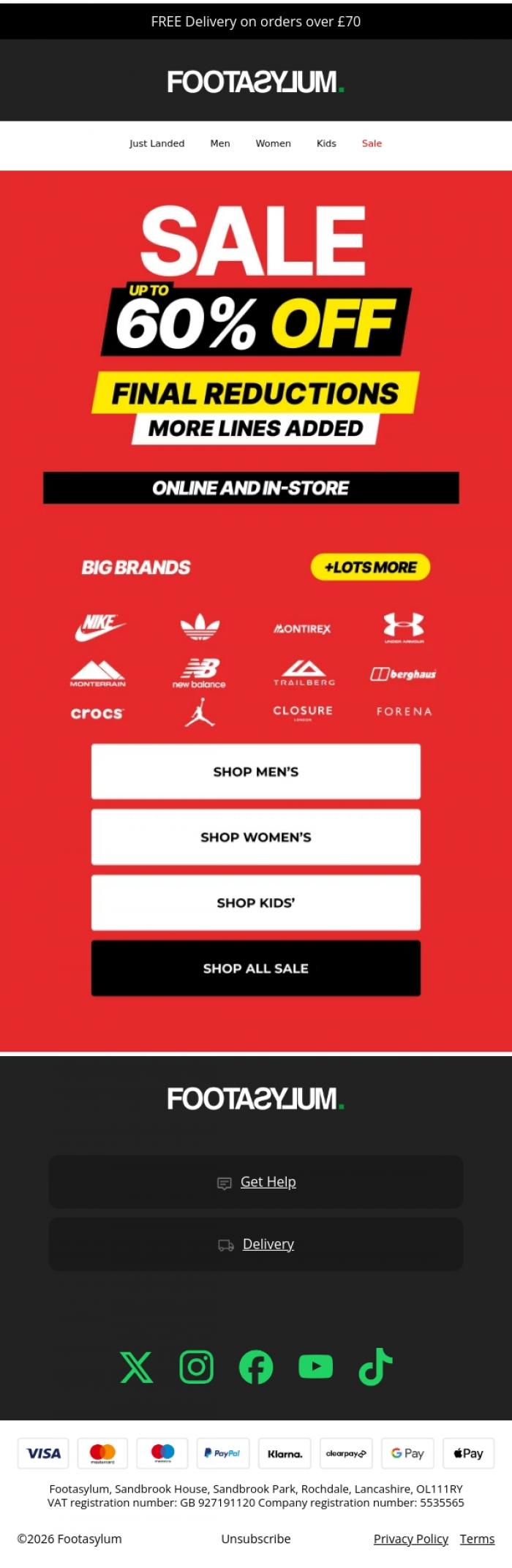 Email Design Inspiration from Footasylum, Up to 60% off sale ends SOON!