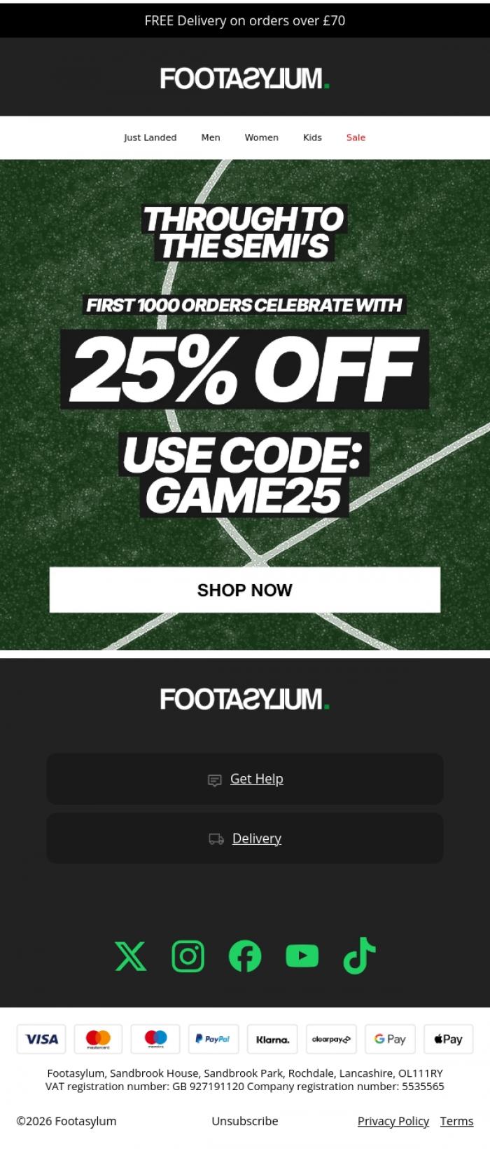 Email Design Inspiration from Footasylum, THROUGH TO THE SEMI'S🏴󠁧󠁢󠁥󠁮󠁧󠁿