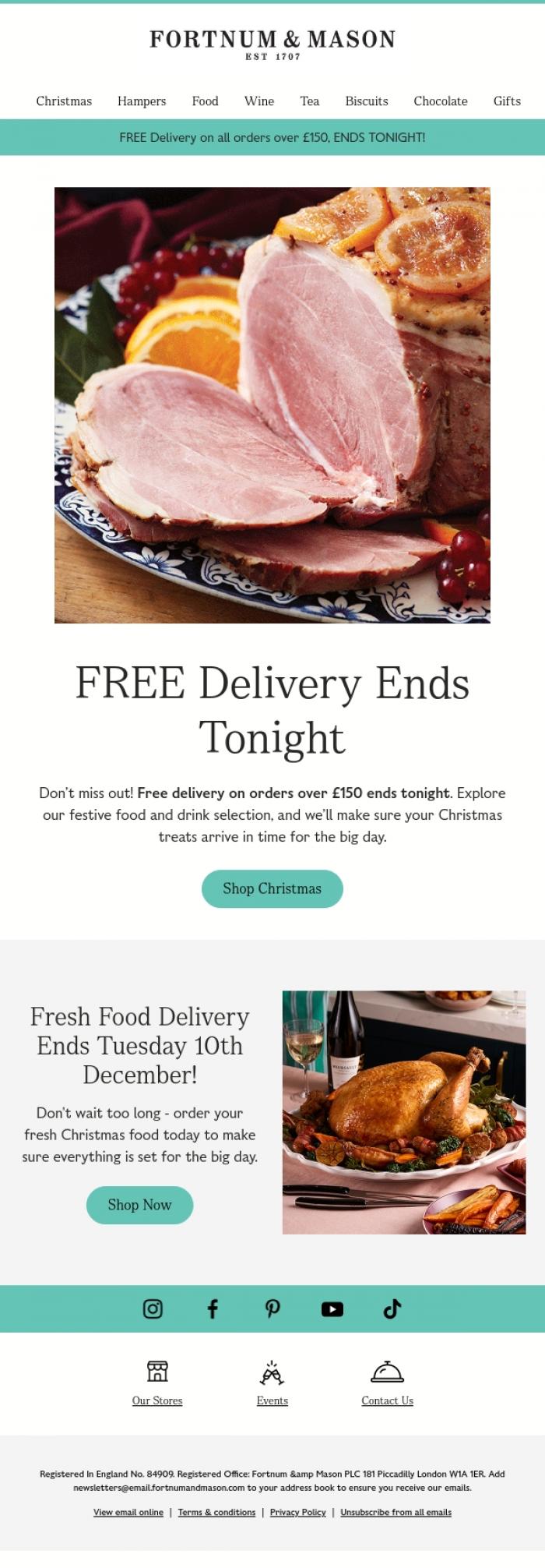 Email Design Inspiration from FORTNUM & MASON, FREE Delivery Ends Tonight!