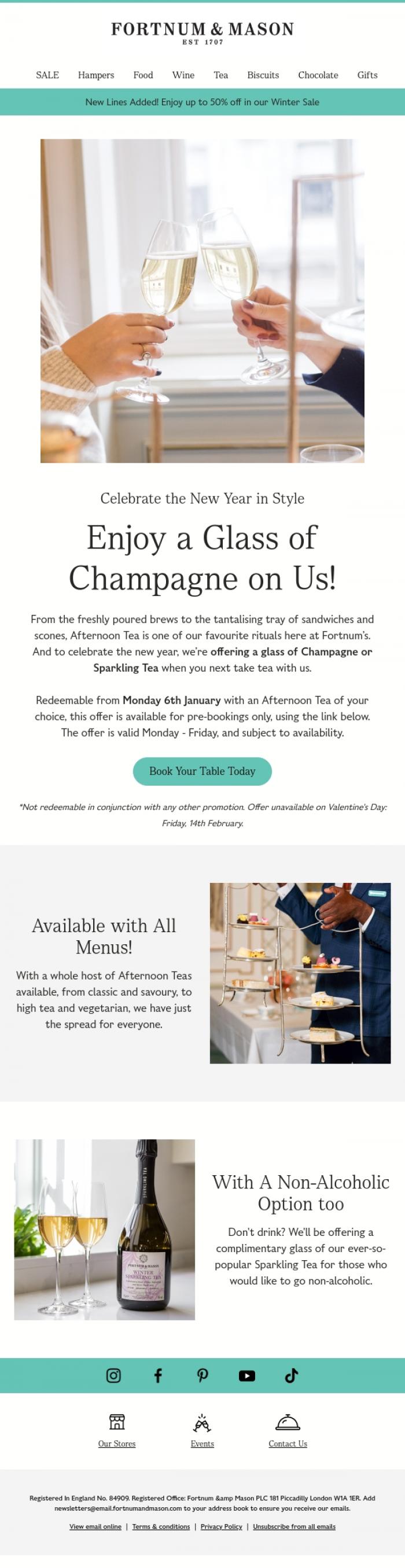 Email Design Inspiration from FORTNUM & MASON, Enjoy a Complimentary Glass of Bubbles🥂
