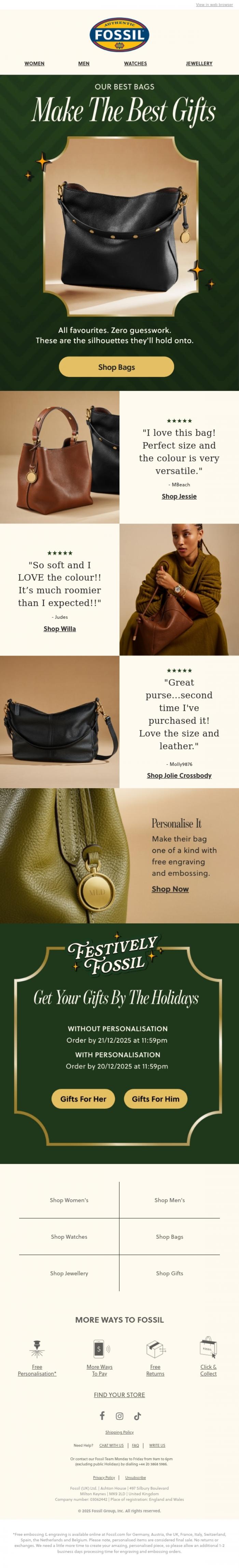 Email Design Inspiration from Fossil, Most-Loved Bags = Most-Loved Gifts