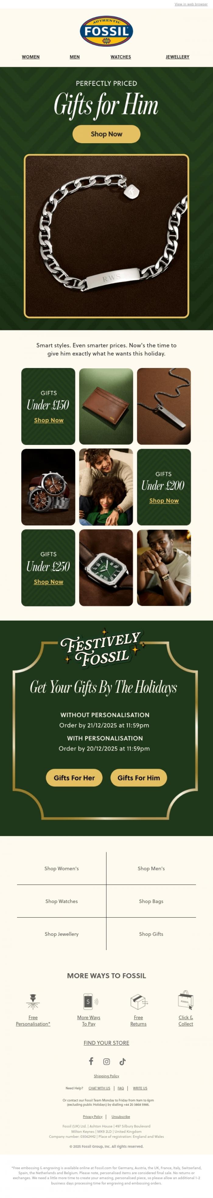 Email Design Inspiration from Fossil, Gifts He'll Love, Priced Just Right