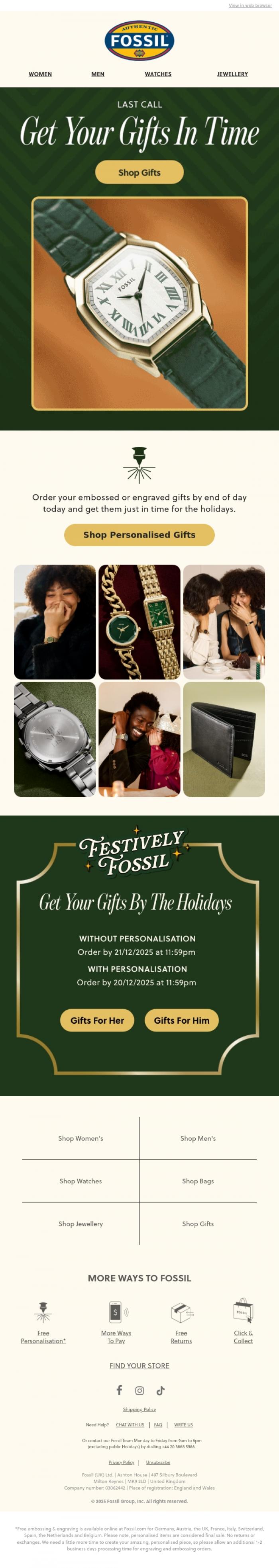 Email Design Inspiration from Fossil, Last Call For Personalised Gifts