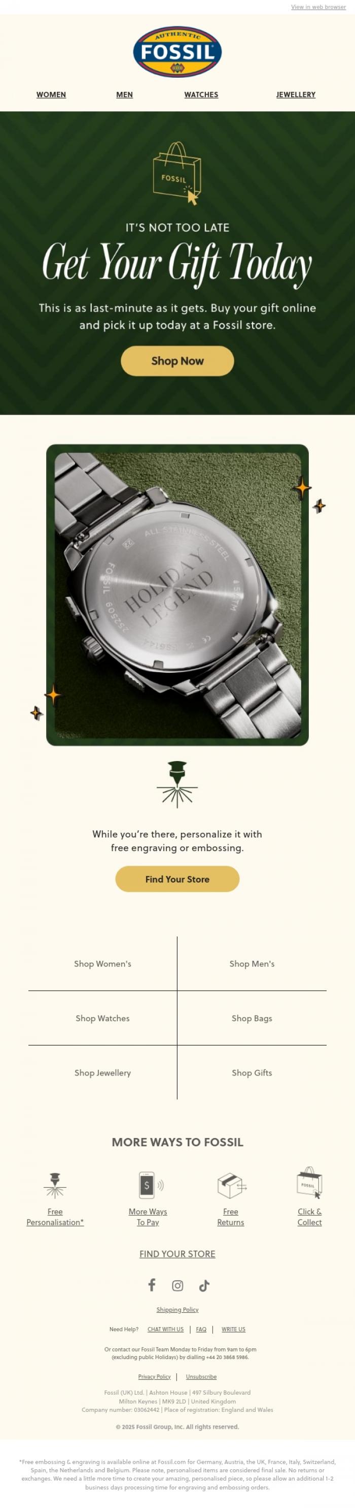 Email Design Inspiration from Fossil, Last-minute Gifts? No Problem.