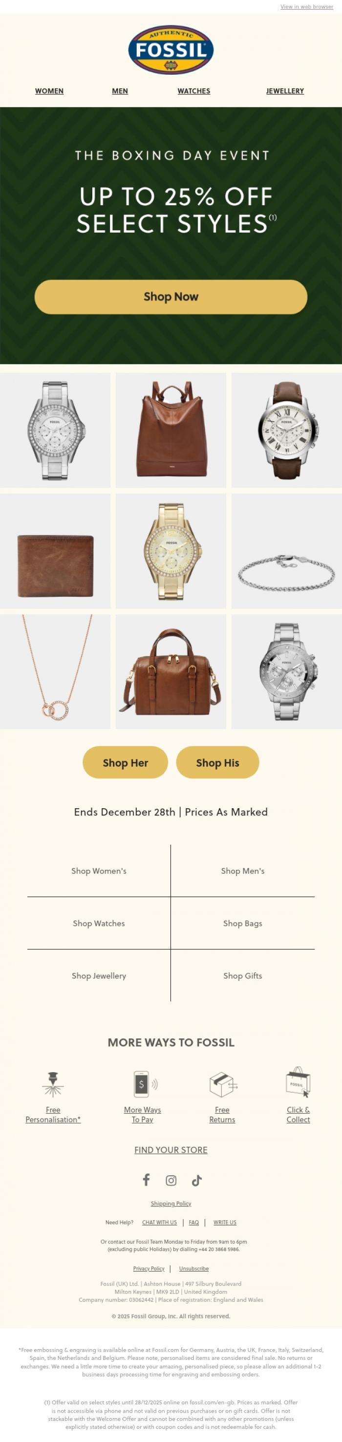 Email Design Inspiration from Fossil, 🎁 Boxing Day Event Starts Now!