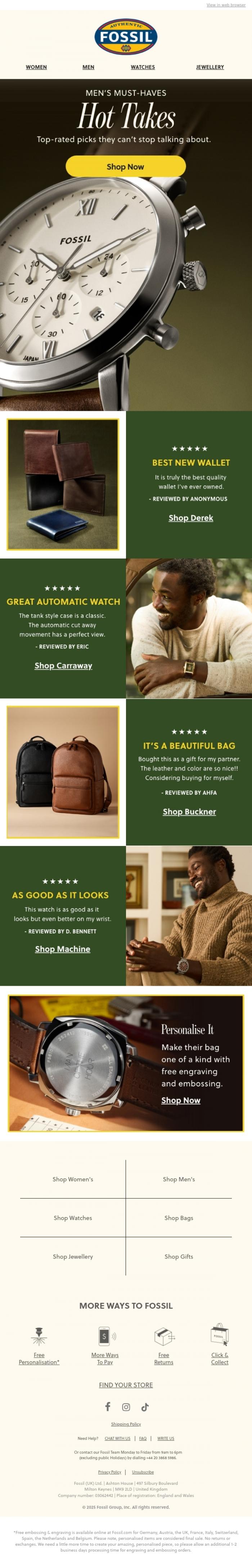 Email Design Inspiration from Fossil, Top Gift for Him