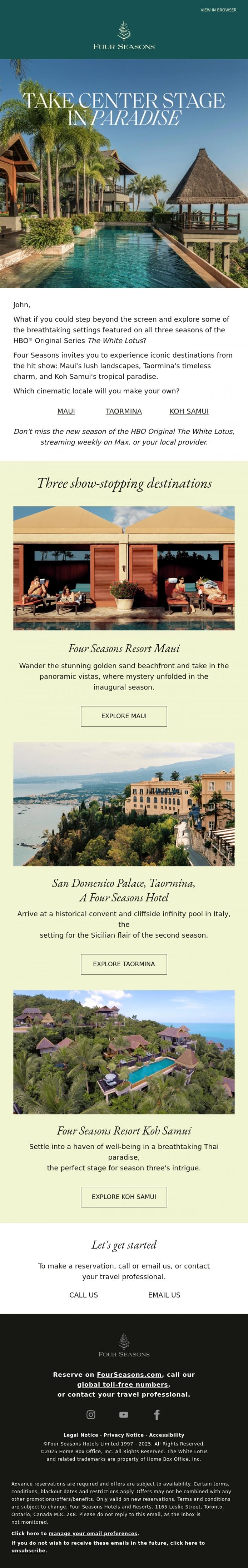 Email Design Inspiration from Four Seasons, John, love the HBO&reg; Original The White Lotus?
