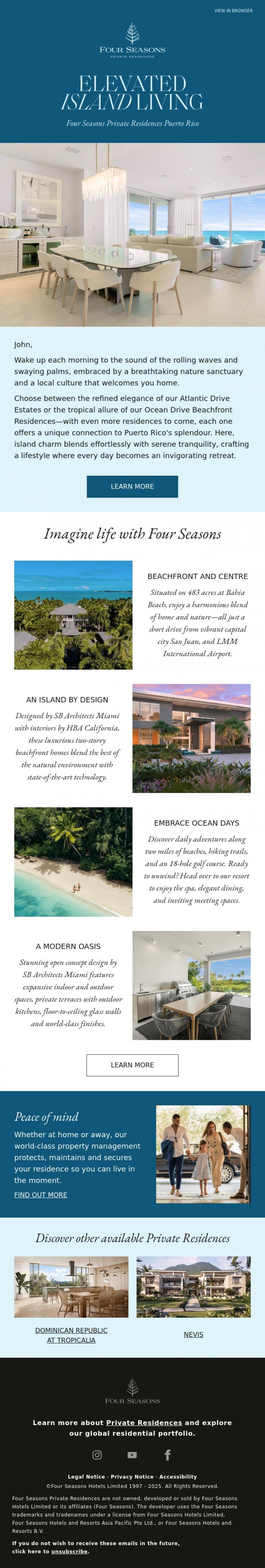Email Design Inspiration from Four Seasons, John, paradise calls you home to Puerto Rico