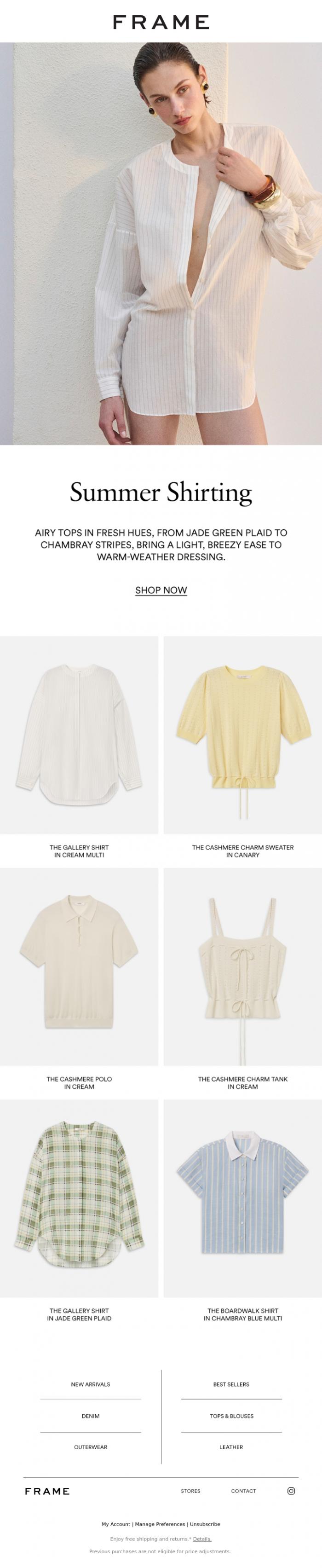 Email Design Inspiration from FRAME, Fresh Summer Shirting