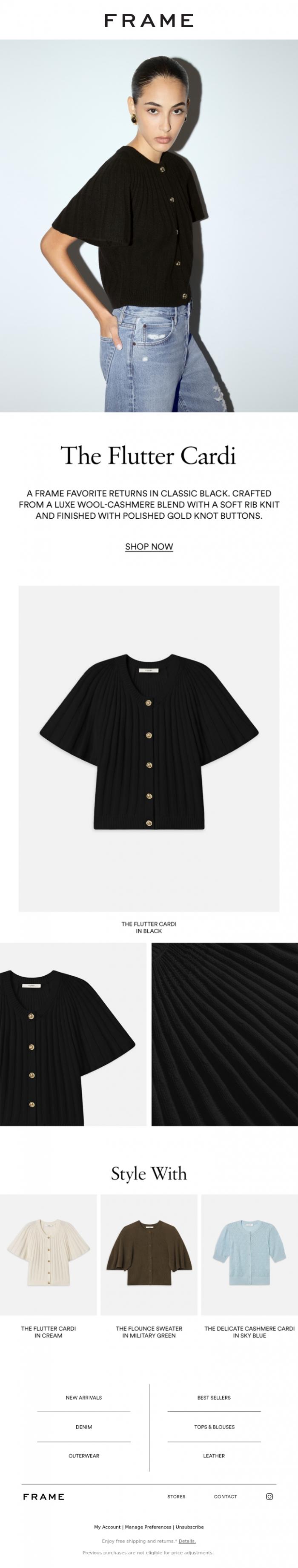 Email Design Inspiration from FRAME, The Flutter Cardi, Now in Black