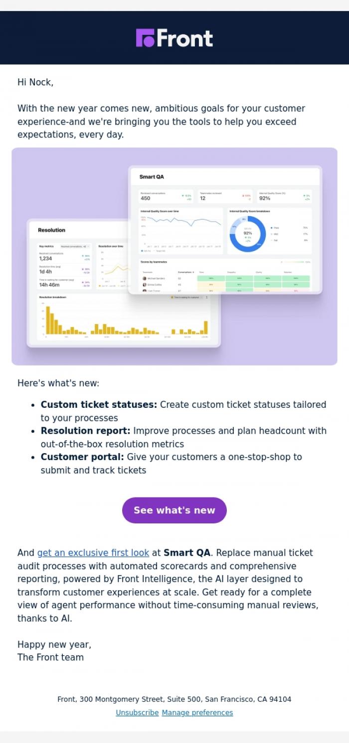 Email Design Inspiration from Front Team, New year, new tools for modern support leaders: Smart QA, customer portal, and more