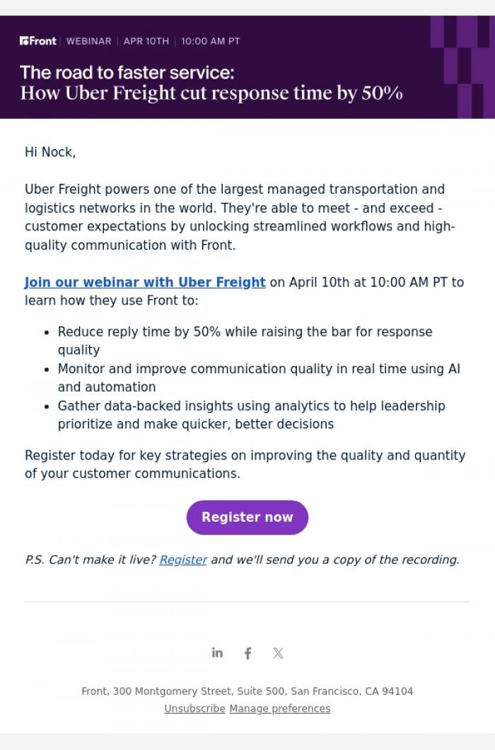 Email Design Inspiration from Front Team, Uber Freight x Front: You're Invited