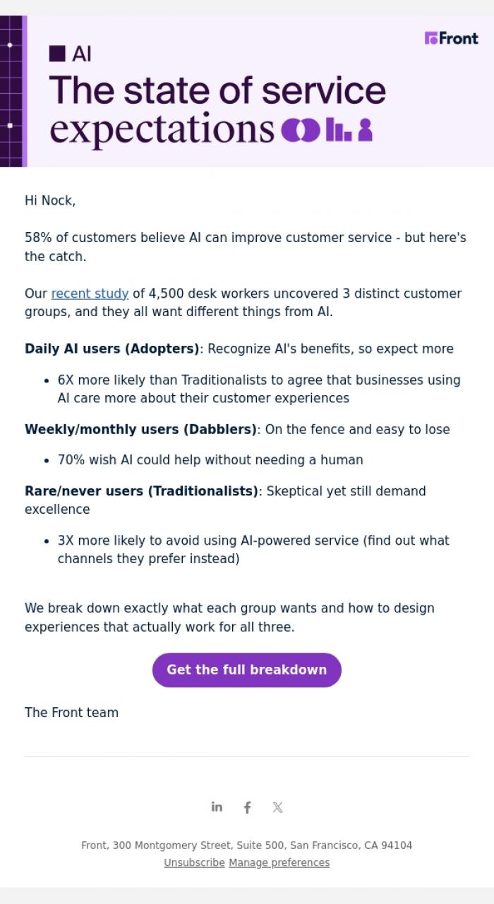 Email Design Inspiration from Front Team, Your customers' AI expectations might surprise you