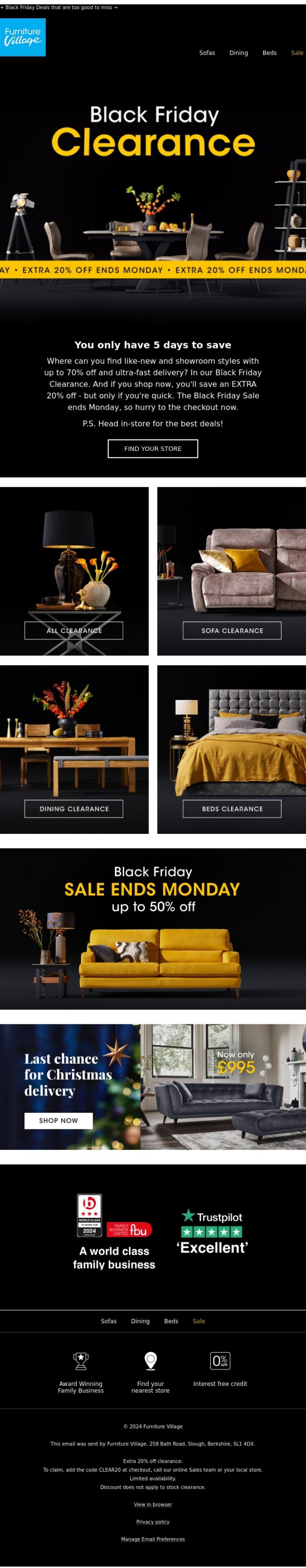 Email Design Inspiration from Furniture Village, *LAST CHANCE* Extra 20% off Clearance ends soon