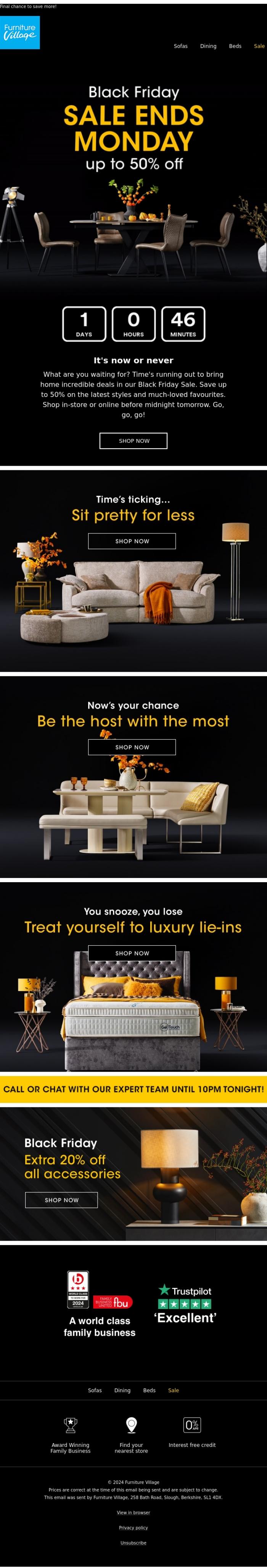 Email Design Inspiration from Furniture Village, Don't Miss Out! Black Friday Sale Ends Monday ⏰
